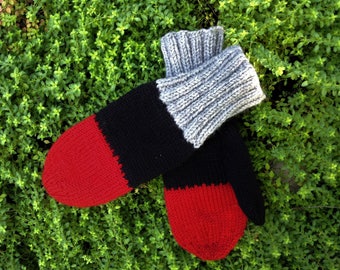 Hand Knit Wool Mittens: Christmas Red, Black & Gray, Long Ribbed Cuff