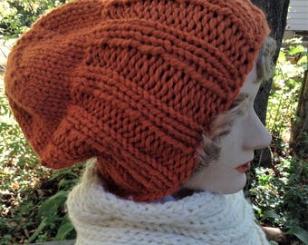 Gorro de punto naranja calabaza hecho a mano: mezcla de lana holgada y voluminosa