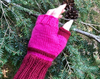Mitones de lana tejidos a mano: rosa y rojo vino, puños largos, talla grande para mujer
