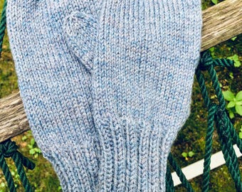 Hand Knit Wool Mittens: Seamless Light Blue Heather Warm Winter Mittens Women’s Large Size
