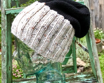 Gorro holgado negro: gorro de tweed tejido a mano, talla grande para adulto