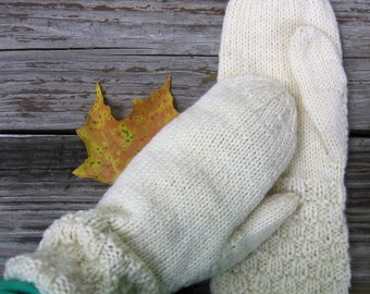 Hand Knit Wool Mittens: Winter White Basket Weave Cuff
