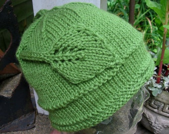 Gorro con aplique de hoja verde claro, sin costuras, acrílico, tejido a mano, para adultos, talla grande
