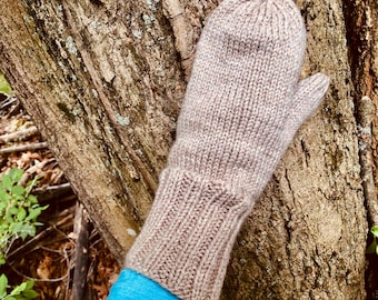 Hand Knit Wool Mittens: Women’s Large Seamless Soft Tan Wool Warm Winter Mittens