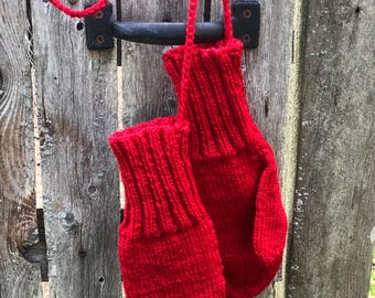 Manoplas de lana tejidas para adulto con cordón: Rojo carmín, talla grande de mujer