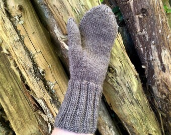 Hand Knit 100% Lt Brown Wool Mittens: Women's Large, Ribbed Cuff