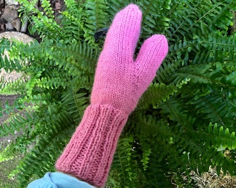 Alpaca & Wool Pink Mittens Seamless Hand Knit Women's LG Size Classic Style