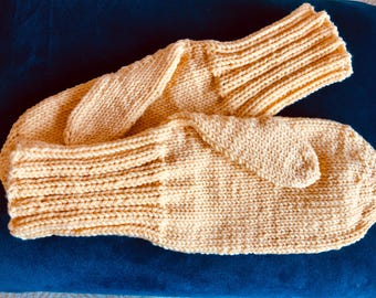 Hand Knit Seamless Yellow Merino Wool Mittens: Long Cuff - Women's Large