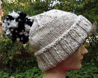 Gorro holgado con pompones, sin costuras, tejido a mano, de acrílico y lana voluminosos