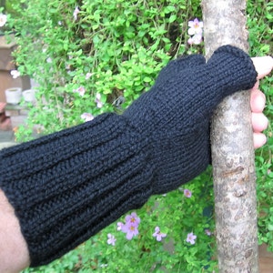 Knit Man Mitts Fingerless Mittens Gloves Black 100% Wool Classic Mens Medium or Women&#39;s Large Size Handmade Cold Weather Gear Ready to Ship