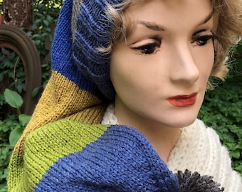 Gorro de media larga con pompón, acrílico y lana, azul, verde y dorado, sin costuras, tejido a mano, para mujer, de invierno, hecho a mano, clásico, para adulto, talla extra grande