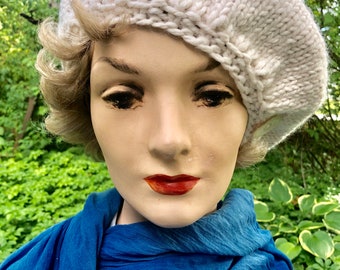 Hand Knit Ivory Wool Blend Beret: Vintage Pearl Button Accent