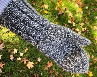 Hand Knit Wool Mittens: Steel Gray Tweed, Long Cuff - Women's Large