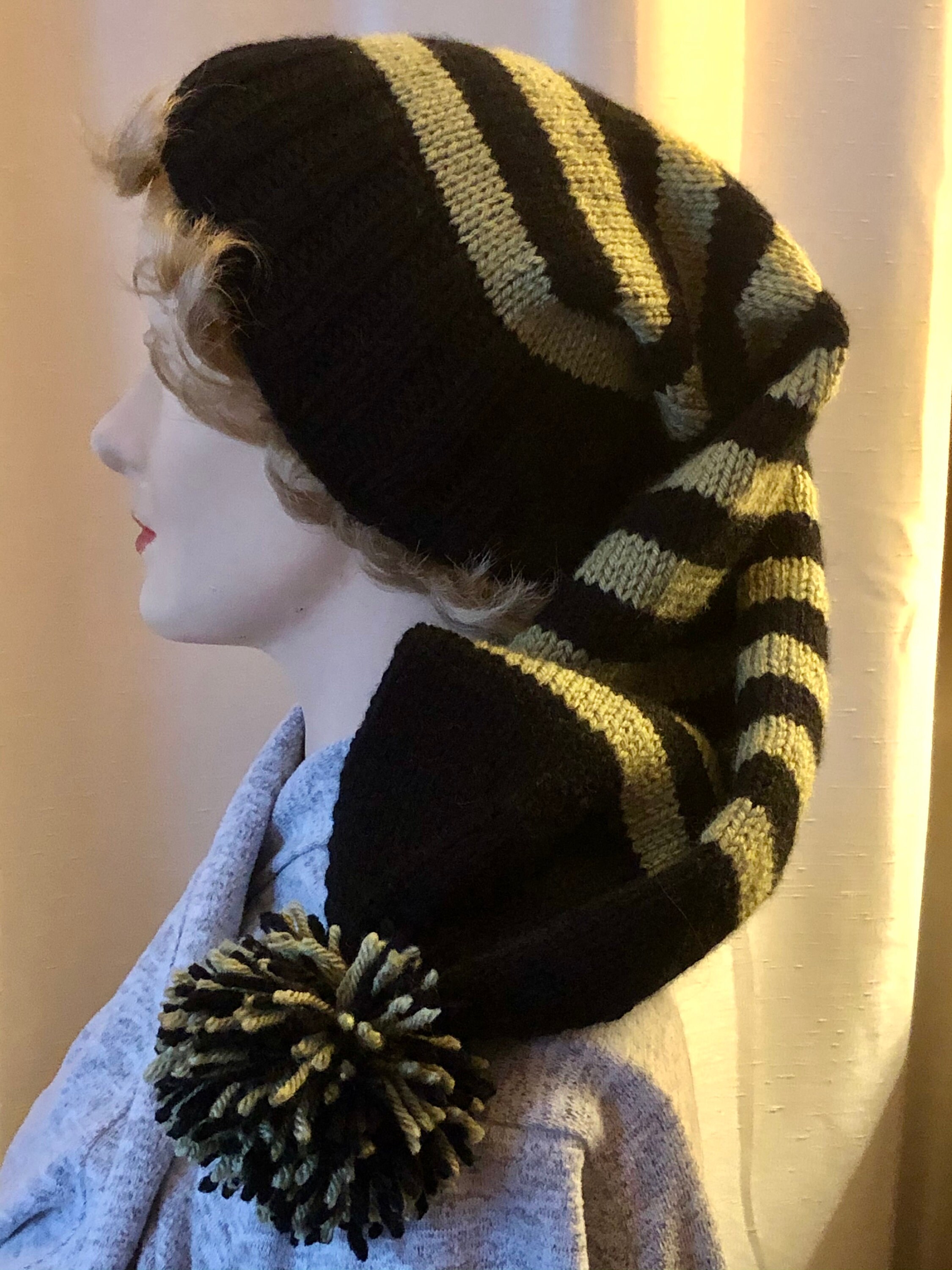 Striped Knit Beanie Pom Pom Long Stocking Cap Hat Black Beige SET Cowl Richardson 134 - Striped Knit Beanie with Cuff & Pom - 134  main image 3