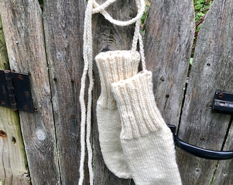 Manoplas blancas de lana para adultos con cordón: Talla L para mujer, sin costuras y cálidas