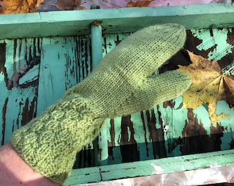 Hand Knit Lime Green Mittens: Women's Acrylic Basket Weave Cuff - Large