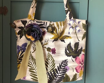 Mid Century Barkcloth Print Bag Vintage Buttons Handmade Purse Lined Tote