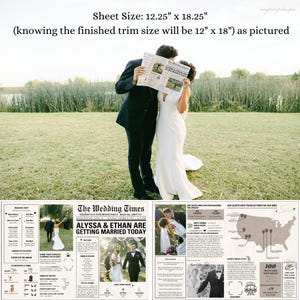 Może przedstawiać: Projekt gazety z ogłoszeniem ślubnym z fotografią pary i szczeg&oacute;łami dotyczącymi ślubu. Nagł&oacute;wek brzmi "The Wedding Times" i "Alyssa & Ethan biorą ślub dzisiaj".
