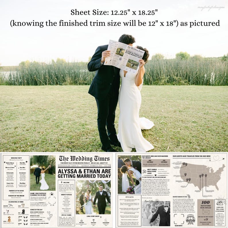 Może przedstawiać: Projekt gazety z ogłoszeniem ślubnym z fotografią pary i szczeg&oacute;łami dotyczącymi ślubu. Nagł&oacute;wek brzmi "The Wedding Times" i "Alyssa & Ethan biorą ślub dzisiaj".