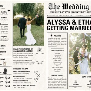 Może przedstawiać: Gazeta z ogłoszeniem ślubnym z fotografią pary młodej w prawym dolnym rogu. Nagł&oacute;wek brzmi "Alyssa & Ethan biorą ślub dzisiaj". Gazeta zawiera r&oacute;wnież listę gości weselnych, wiadomość powitalną, porządek ceremonii, podziękowania i sekcję "Kr&oacute;tka historia".