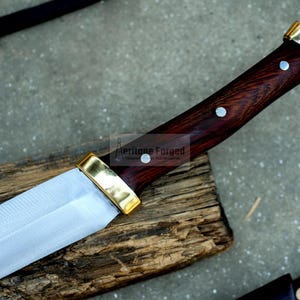 May include: A close-up of a knife with a wooden handle and a brass pommel. The handle is dark brown with a wood grain pattern and two brass rivets. The blade is silver and has a slight curve. The knife is resting on a piece of wood.