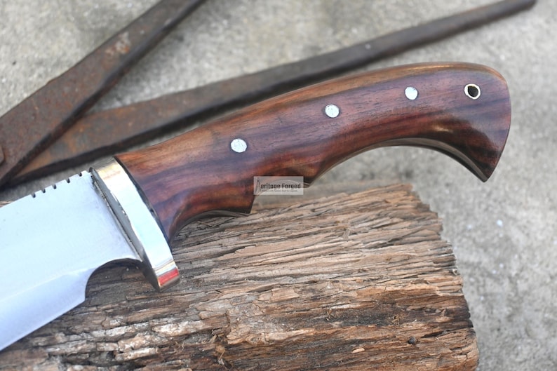 May include: Close-up of a handcrafted knife with a polished wooden handle. The handle is dark brown with silver accents and a curved design. The blade is silver and serrated. The knife rests on a piece of wood.