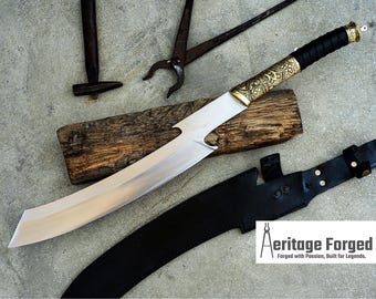 MACHETE KHOPESH HELLBOY / Espada khopesh egipcia forjada a mano con hoja larga de 19 pulgadas / Muelle de hoja / Afilado / Templado / Listo para usar