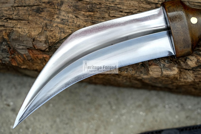 May include: A curved, silver-coloured knife with a wooden handle. The knife is resting on a piece of wood.