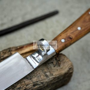 May include: A stainless steel knife with a wooden handle. The handle has a ring on the top and is made of dark wood with white accents. The knife is resting on a piece of wood.
