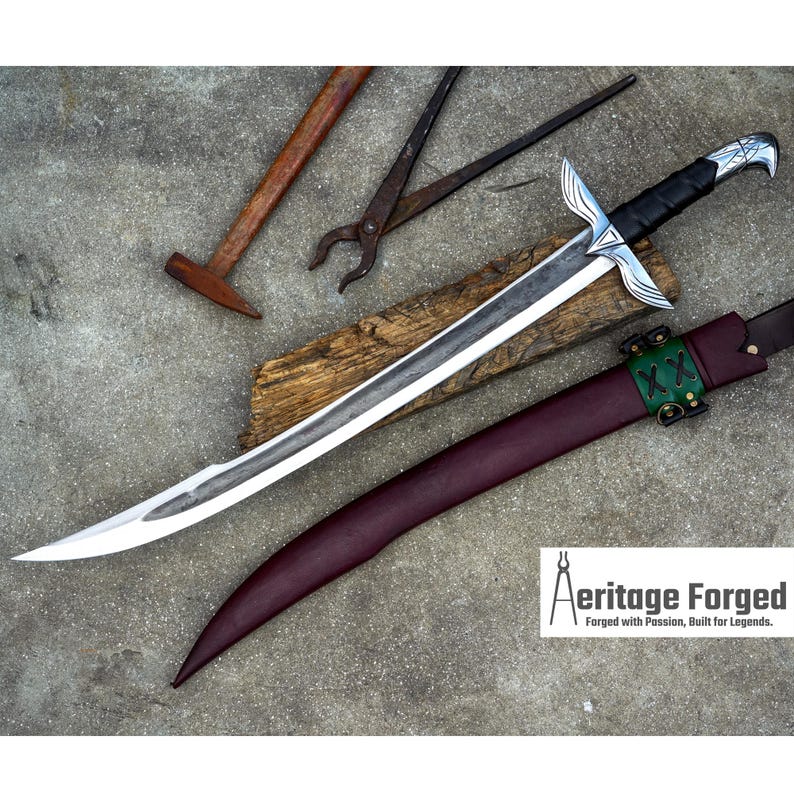 May include: A handcrafted sword with a silver blade and a black handle, resting on a wooden plank. The sword is accompanied by a burgundy leather sheath with green accents. Blacksmith tools are visible in the background. The text "Aeritage Forged" is in the lower right corner.