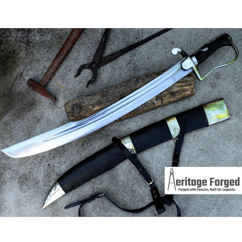 May include: A polished steel saber with a curved blade, black handle, and silver accents, resting in a black leather sheath with a silver tip. The image also shows a hammer, tongs, and the text "Aeritage Forged".