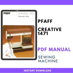 Puede incluir: Una portada de documento digital para el manual de instrucciones de la PFAFF creative 1471. La portada muestra una máquina de coser marrón y blanca con pantalla digital y botones de control, cosiendo una tela blanca con hilo azul.