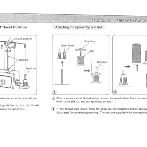 Puede incluir: Diagramas de un manual de máquina de coser que muestran cómo colocar la barra guía del hilo y fijar la tapa y la red de la bobina. Incluye ilustraciones etiquetadas de piezas como el pasador de la bobina y la guía del hilo.