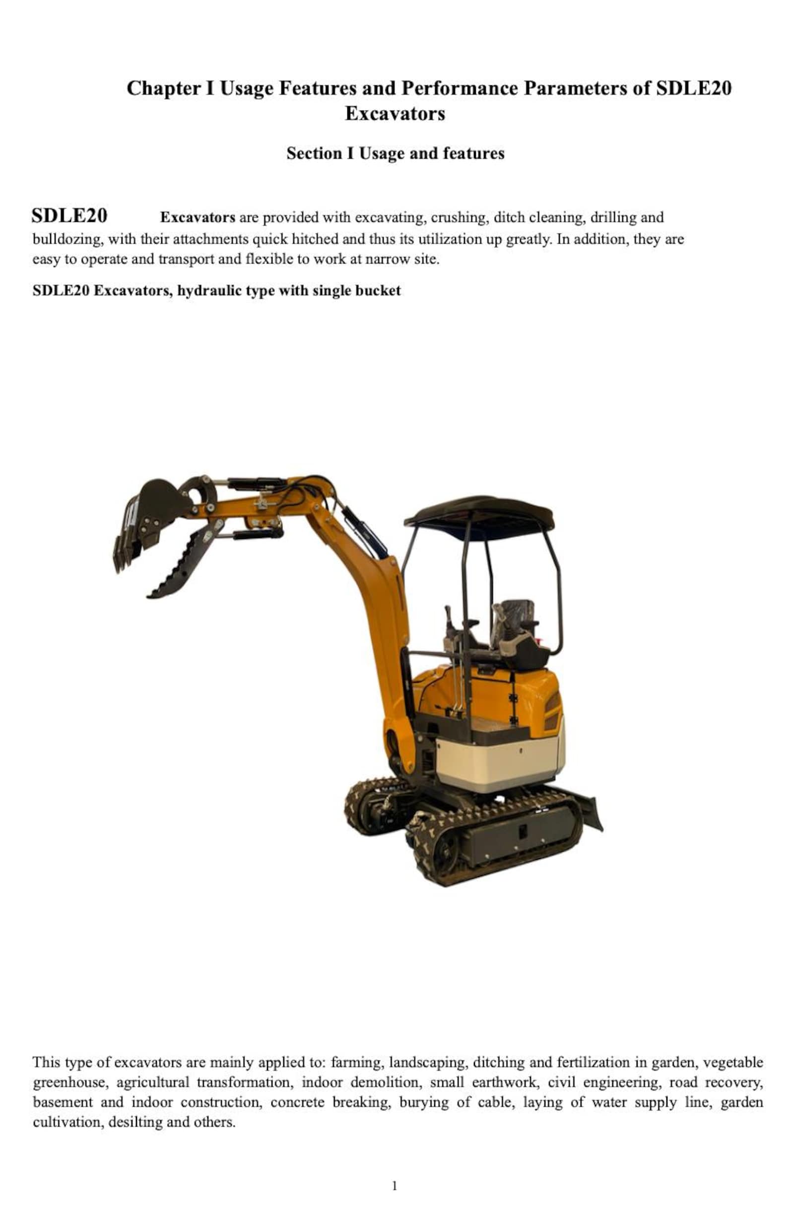 SDLANCH SDLE20 Mini Excavator Crawler Operator and Maintenance Manual ...