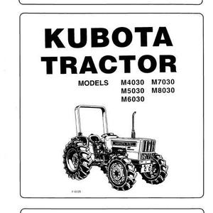 Puede incluir: Ilustración en blanco y negro de un tractor Kubota con el texto "Kubota Tractor" y "Modelos: M4030, M5030, M6030, M7030, M8030" impreso en la página. El texto "Lea y guarde este libro" está impreso en la parte inferior de la página.