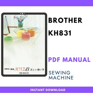 Puede incluir: Una portada de documento digital para un manual en PDF de la máquina de coser Brother KH831. La imagen muestra una mesa con tres ovillos de lana en verde, amarillo y rosa, un florero y texto en japonés que incluye Brother KH-831. Se muestra el texto Brother KH831.