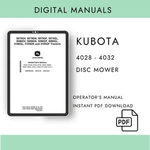 Könnte beinhalten: Digitales Handbuch für Kubota 4028-4032 Scheibenmähwerk. Das Bild zeigt ein Tablet, das eine Bedienungsanleitung von John Deere anzeigt. Das Handbuch ist als sofortiger PDF-Download verfügbar. Das Tablet listet auch Traktormodelle auf.