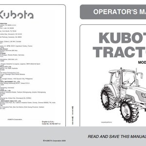 Puede incluir: Ilustración en blanco y negro de un tractor Kubota con el texto "Kubota Tractor" y "Modelos M8540 M9540" sobre un fondo blanco. El texto "MANUAL DEL OPERADOR" está en un cuadro gris en la parte superior de la página. El texto "LEA Y GUARDE ESTE MANUAL" está en la parte inferior de la página.