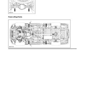 May include: Diagram of a vehicle's underside, showing frame lifting points. The image includes a detailed illustration of the vehicle's structure, with arrows indicating specific locations for lifting. Text at the bottom reads "Frame Lifting Points."