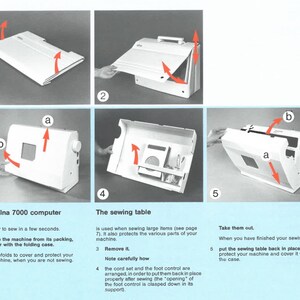 Pode incluir: Instru&ccedil;&otilde;es passo a passo para configurar uma m&aacute;quina de costura Elna 7000. As imagens mostram a m&aacute;quina desdobrando-se de sua caixa, removendo a mesa de costura e recolocando-a. O texto fornece orienta&ccedil;&atilde;o.