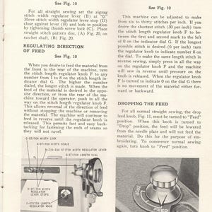May include: A page from a sewing machine manual detailing straight sewing techniques. Instructions cover setting the zigzag lever, regulating feed direction, and stitch length. Diagrams illustrate the stitch regulator and drop feed.