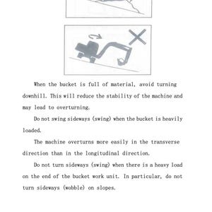 May include: Diagrams illustrating safe operation of heavy machinery. The top image shows a correct operation with a checkmark and the word "Landfill". The bottom image shows an incorrect operation with an X mark.