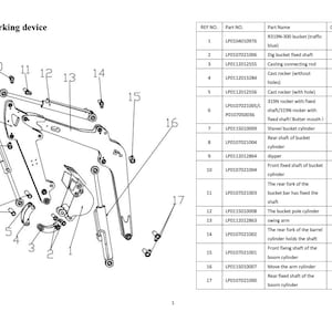 May include: Technical diagram of a working device, featuring a detailed parts list. The image shows an assembly of mechanical components such as cylinders, shafts, and rockers. The parts list provides part numbers, descriptions, and quantities.