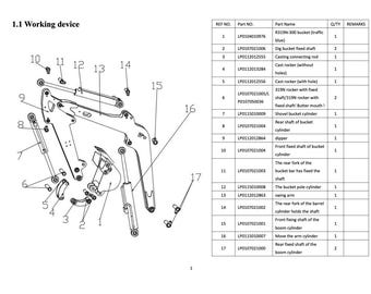 May include: Diagram of a working device with labeled parts and a parts list. The diagram shows a mechanical assembly with various components, including cylinders, shafts, and rockers. The parts list includes part numbers, descriptions, and quantities.