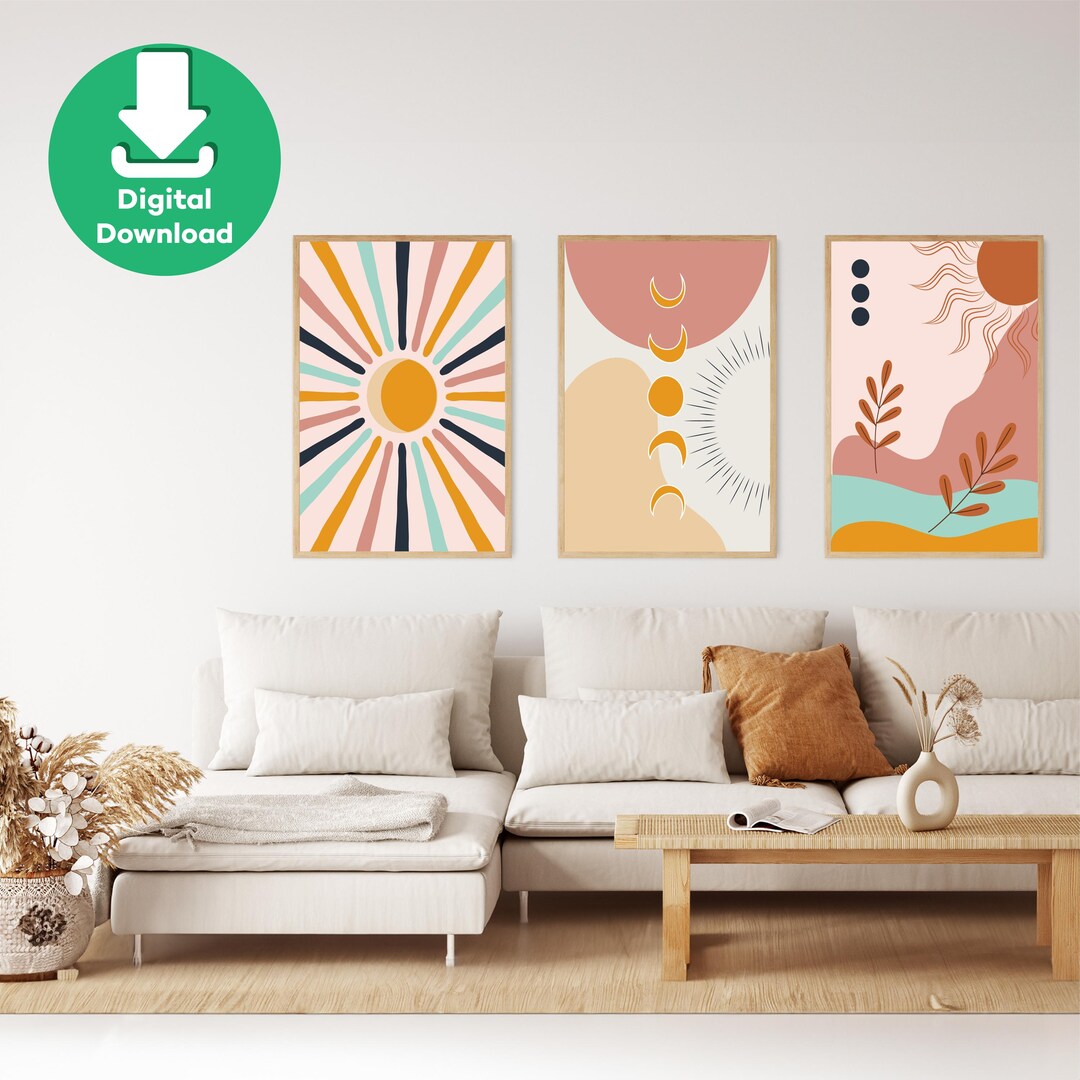 Boho Sun Sunshine Design Wood Wall Art, Boho Style Digital Wall Art ...