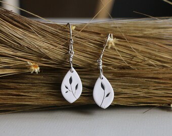 Classic Black and White Leaf Shaped Polymer Clay Earrings with Cut Out Floral Design, Statement Clay Earrings