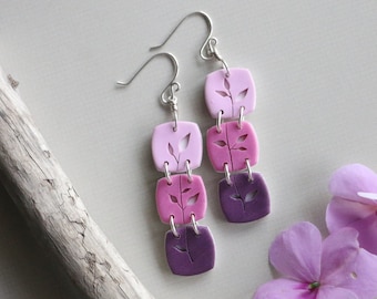 Pink and Purple Ombre Polymer Clay Statement Earrings with Floral Pattern, Lightweight Clay Earrings, Floral Jewelry, colorful earrings