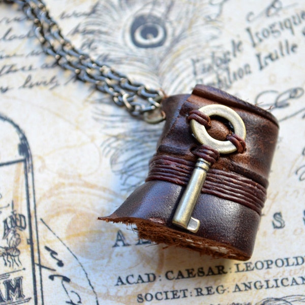 MiniatureBook Necklace Key & Vintage Brown leather