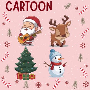 Christmas Cartoon Clipart Bundle, Cute Santa, Reindeer, Snowman PNG, Holiday Digital Download for Crafts, Cards, Sublimation, DIY