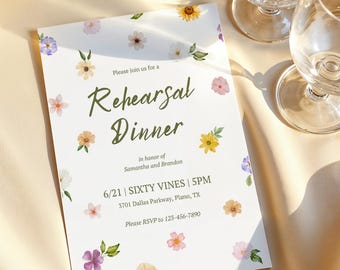 Watercolor Rehearsal Dinner Invitation | Wildflower Canva Template | Rustic Wedding Invite | Printable Download | Spring Summer Wedding